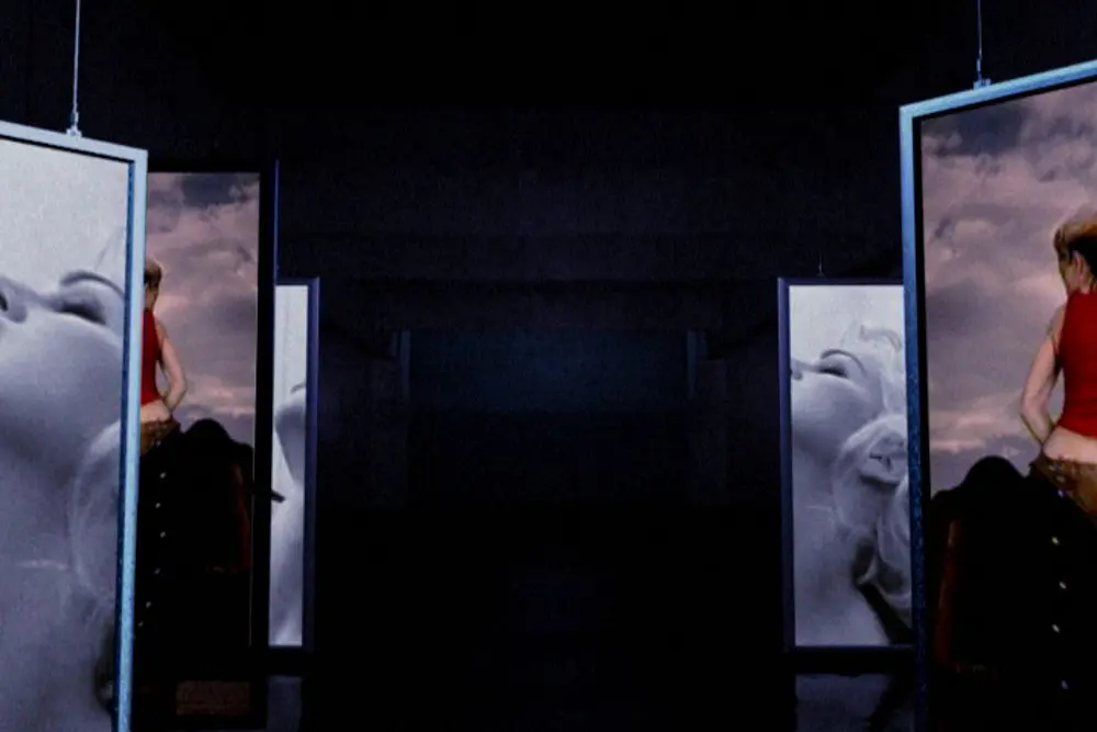 Mirrored pair of screens facing each other across the hall