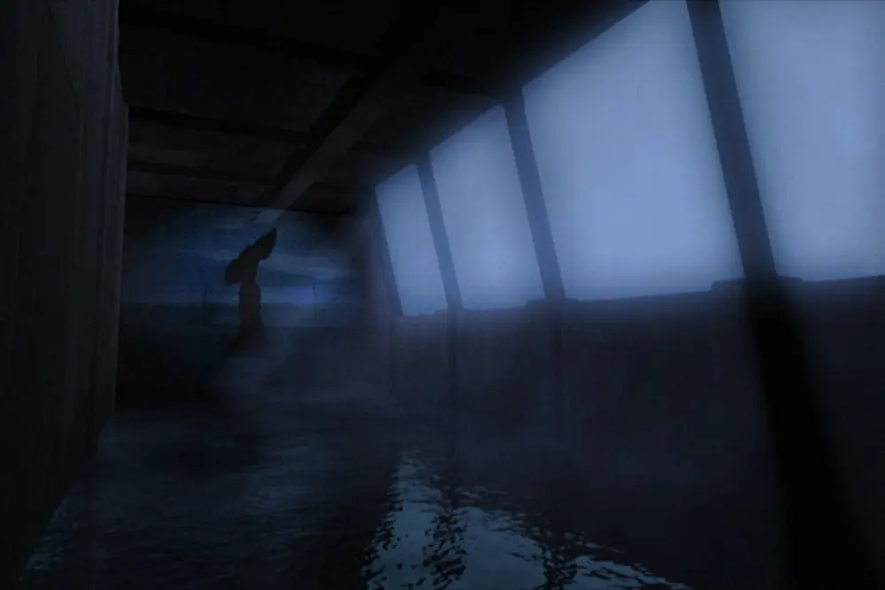 Dark CG hall with tilted glowing windows over water