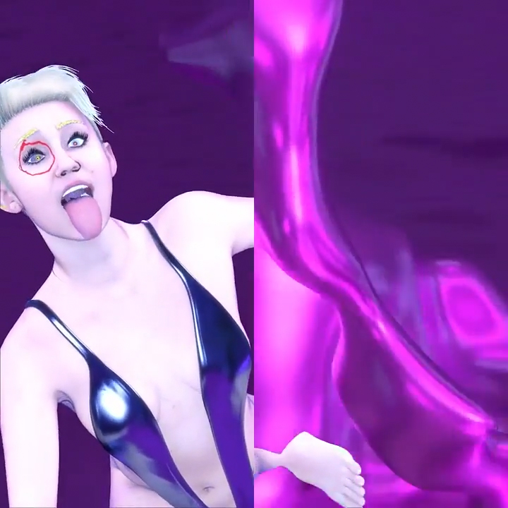 Animated Miley Cyrus figure against liquid chrome