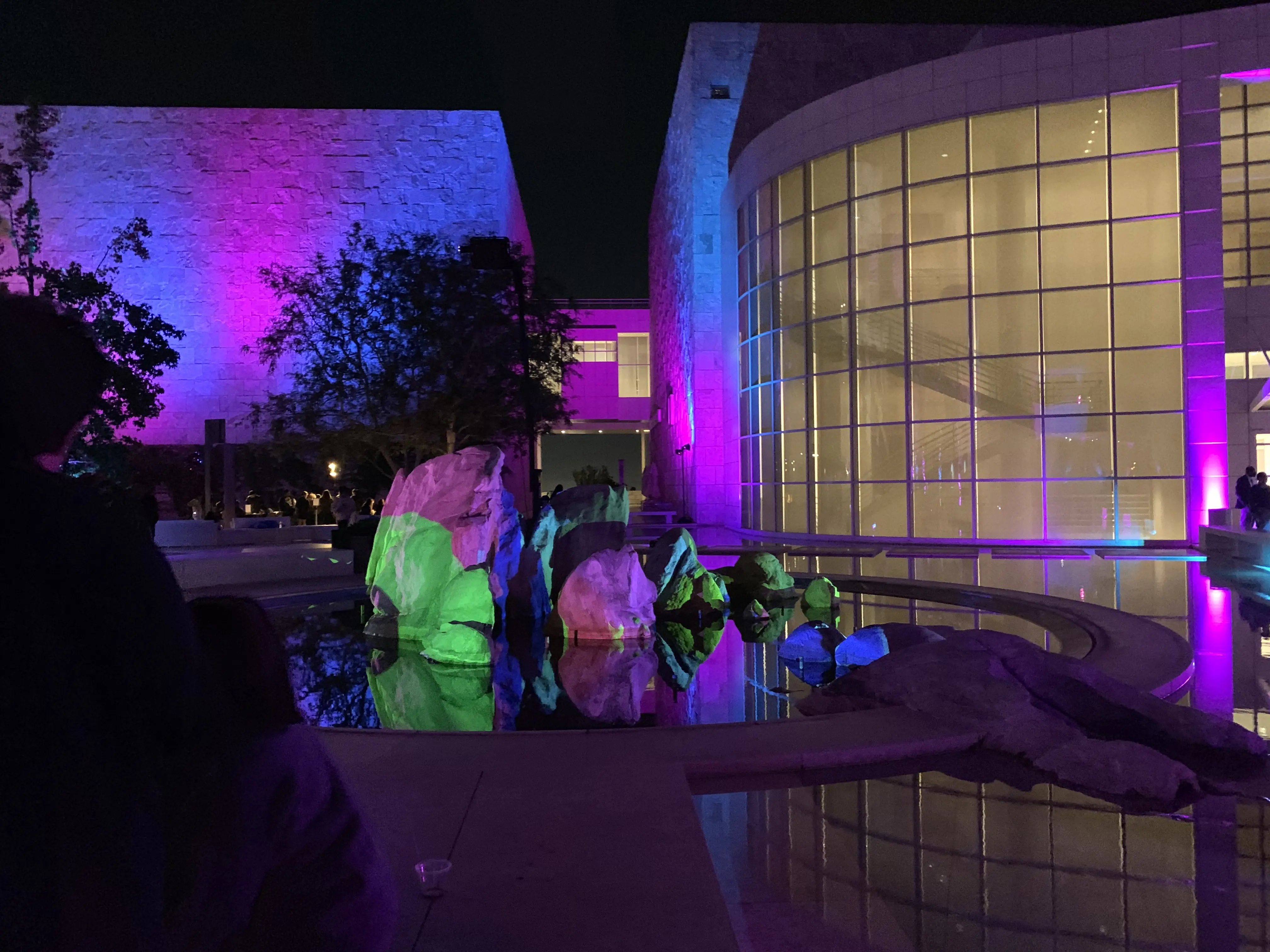 Projection mapping across the Getty Museum architecture at night