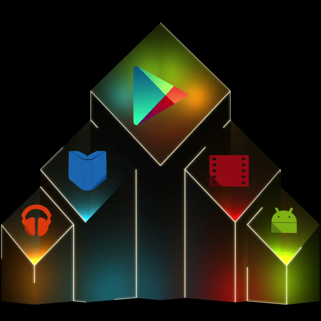 Google Play icons mapped across the stage geometry