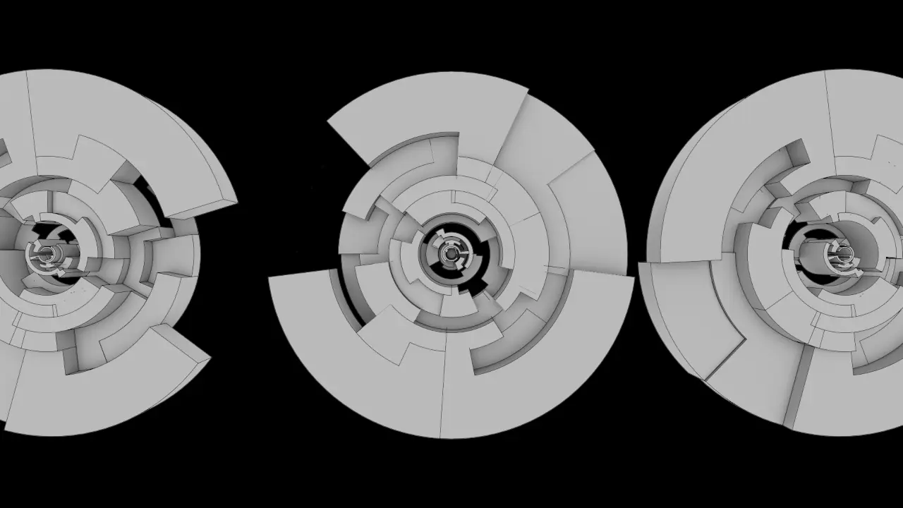 Three mechanical discs in perspective, clay render