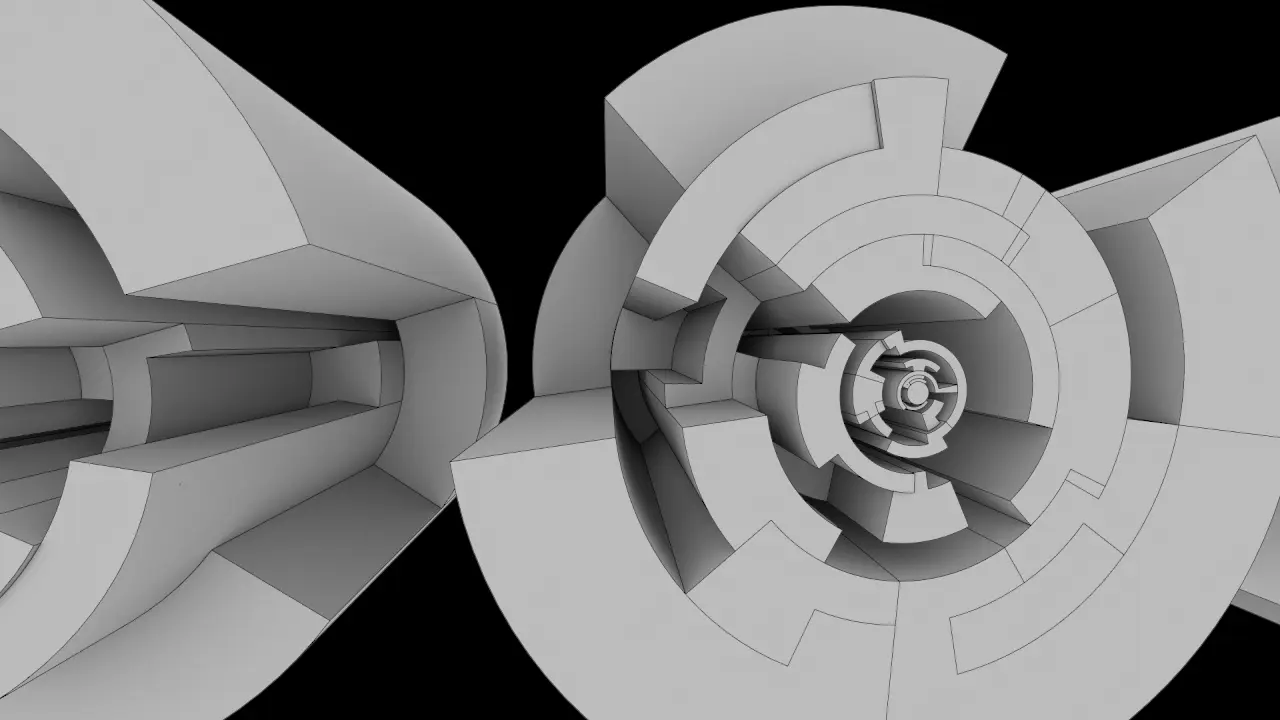 Camera inside a machined disc tunnel, clay render