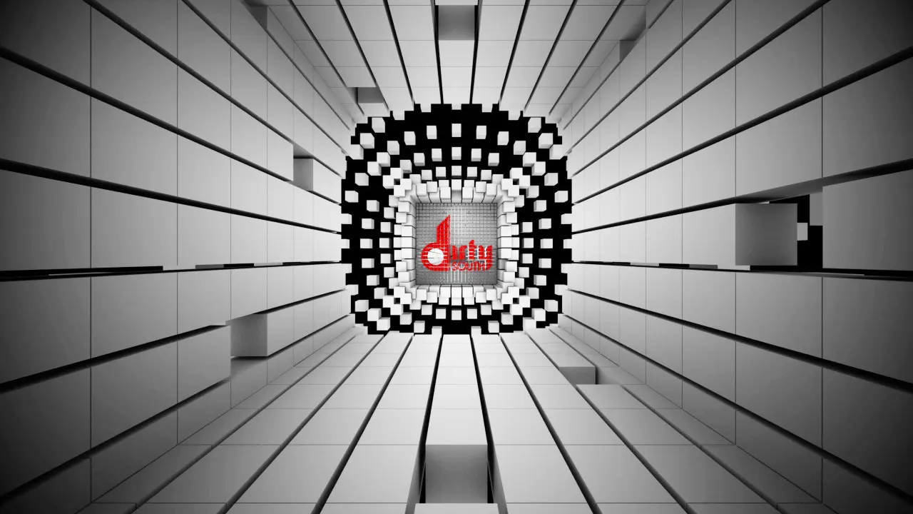 The Dirty South logo at the center of a geometric tunnel of cubes