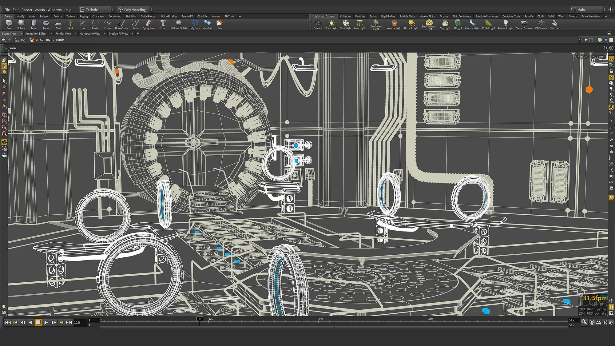 Command-center environment wireframe in Houdini