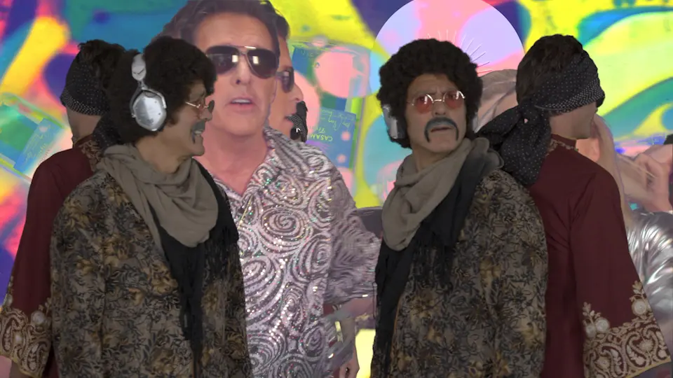 Guests composited into a branded backdrop