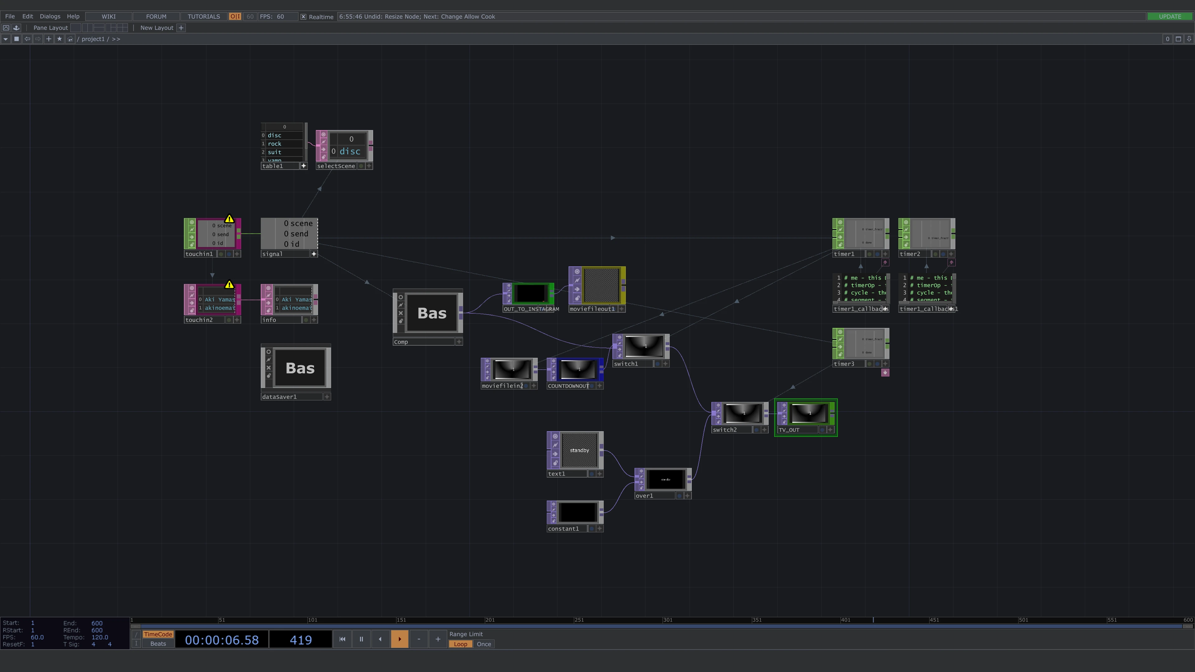 TouchDesigner network — scene select, countdown, export