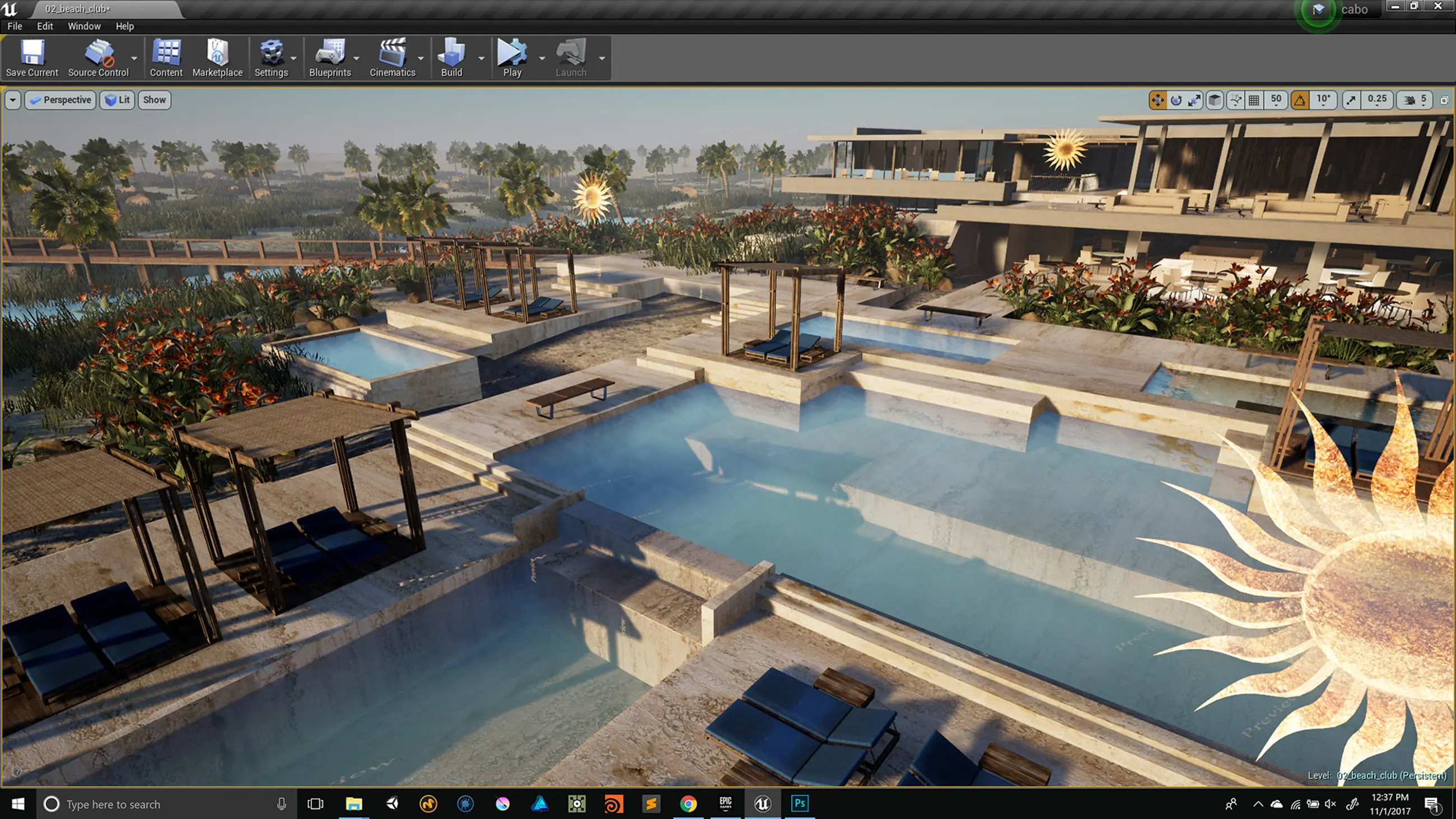 Beach club level open in the Unreal editor