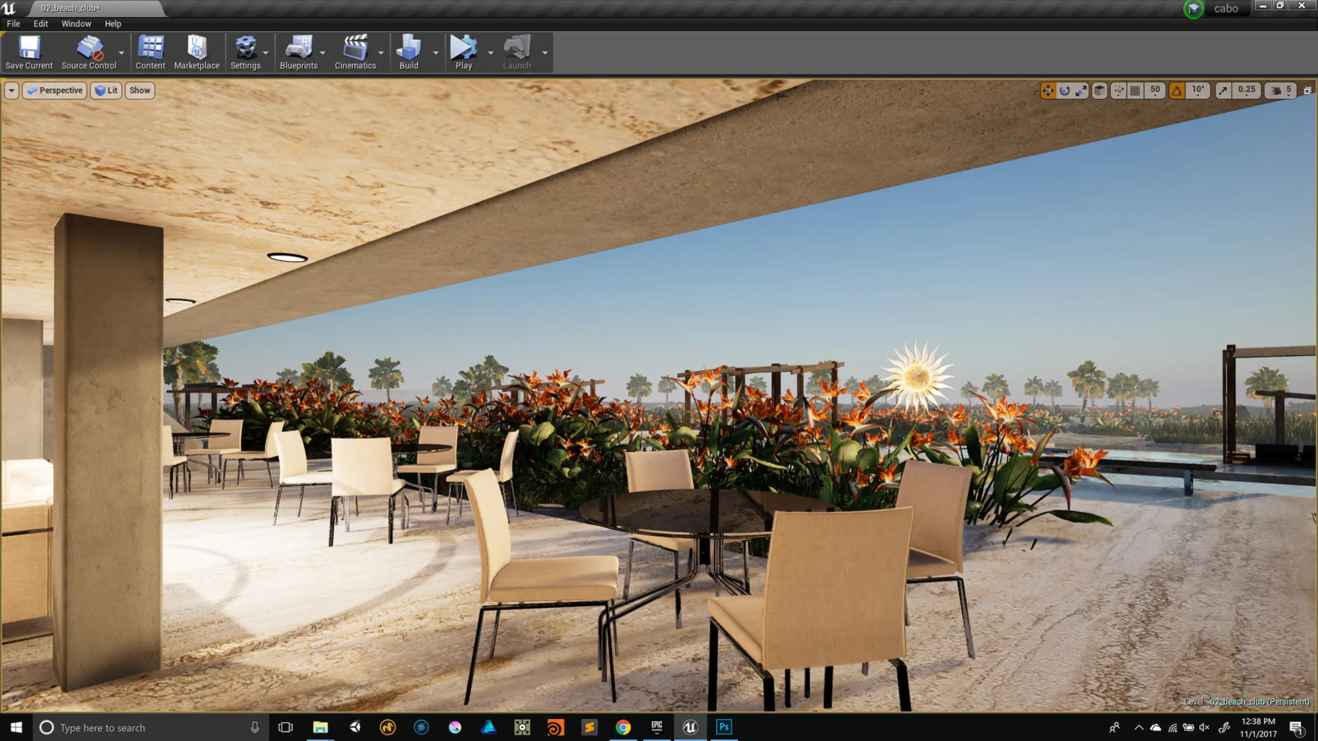 Working in the Unreal editor on the Costa Palmas environment