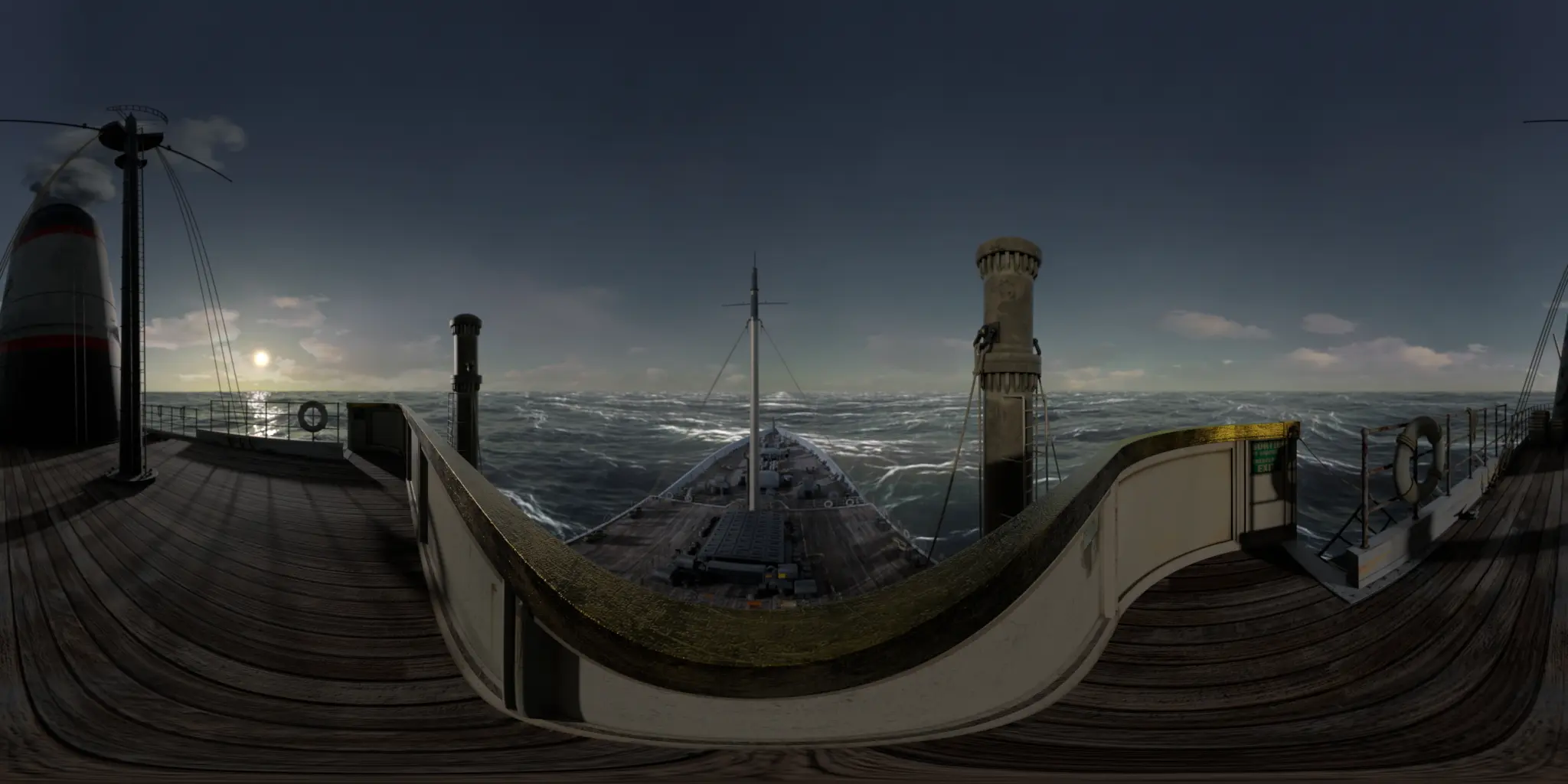 360 latlong frame of the ship crossing at dawn