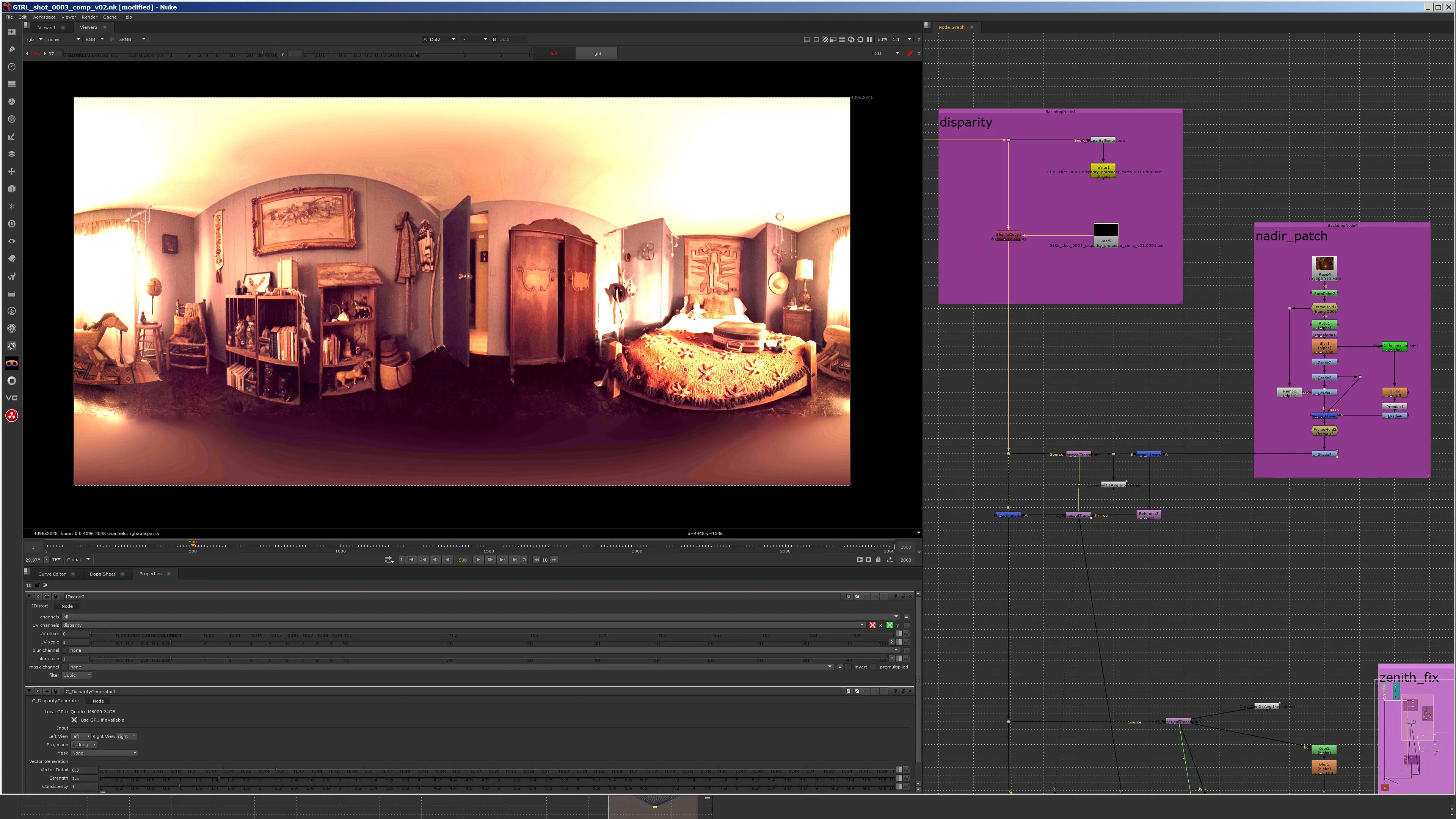 Stitched 360 panorama of the bedroom in the Nuke viewer