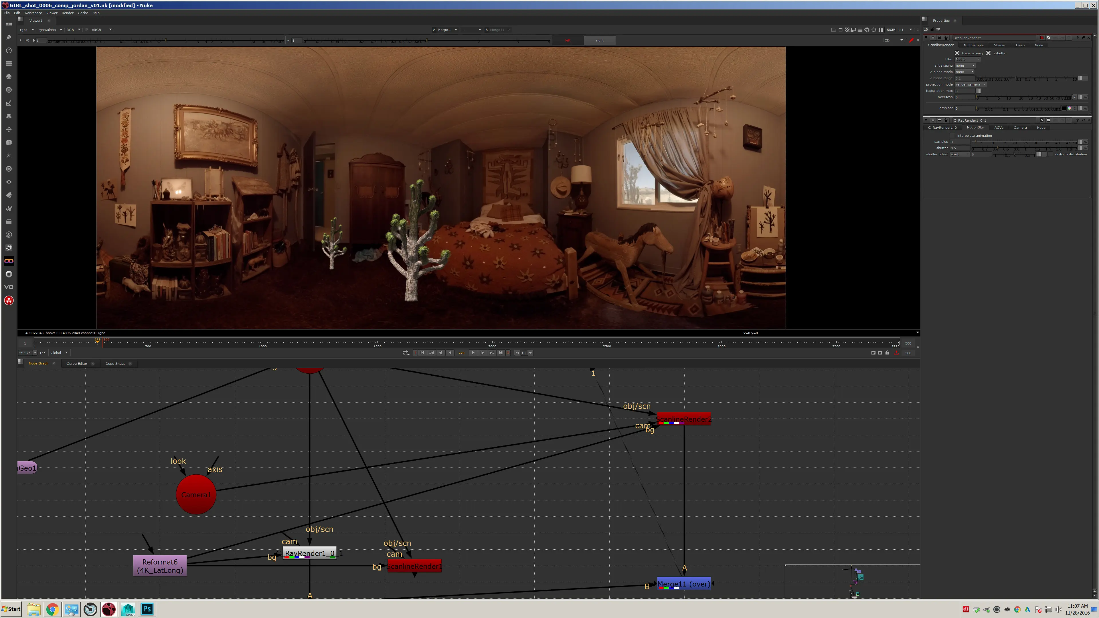Full latlong panorama of the bedroom with Joshua trees in the Nuke viewer