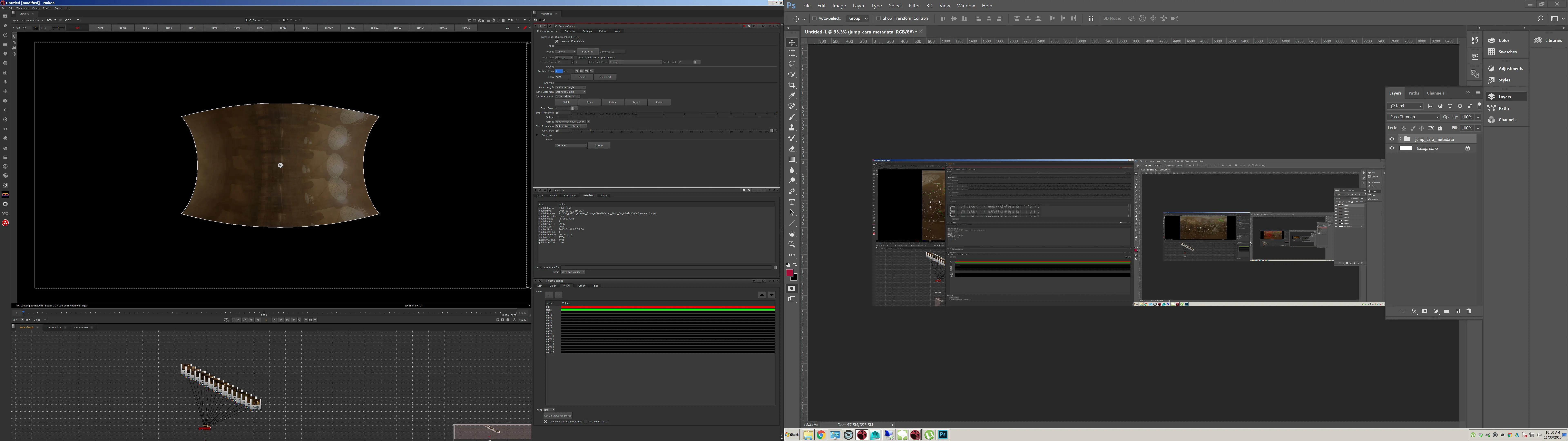 Dual-monitor stitching session across NukeX and Photoshop