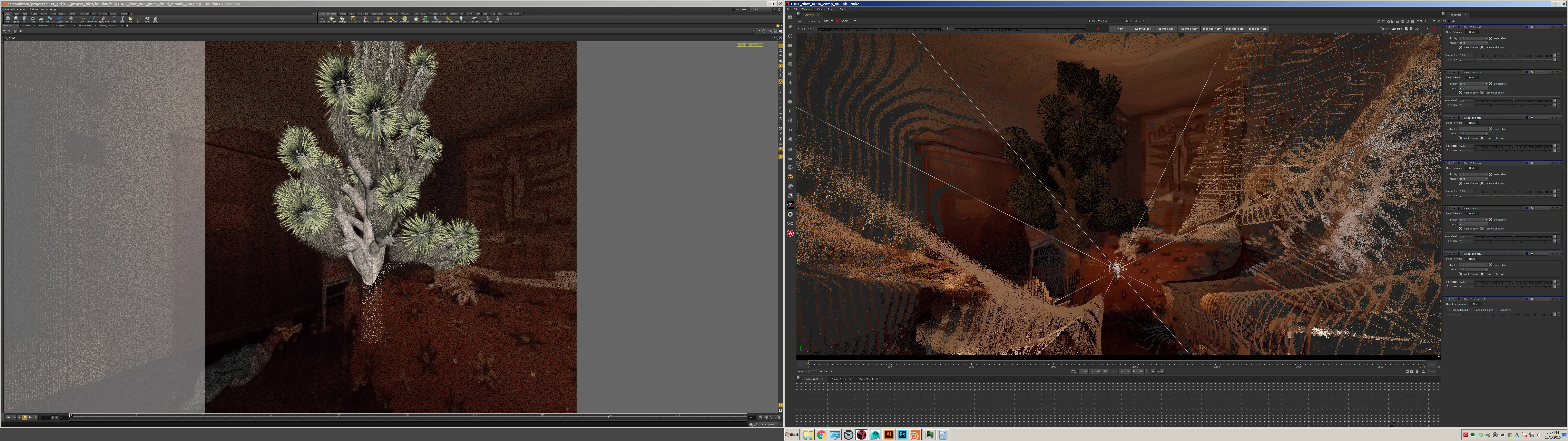 Houdini point-cloud scene beside the Nuke comp on a dual-monitor workstation