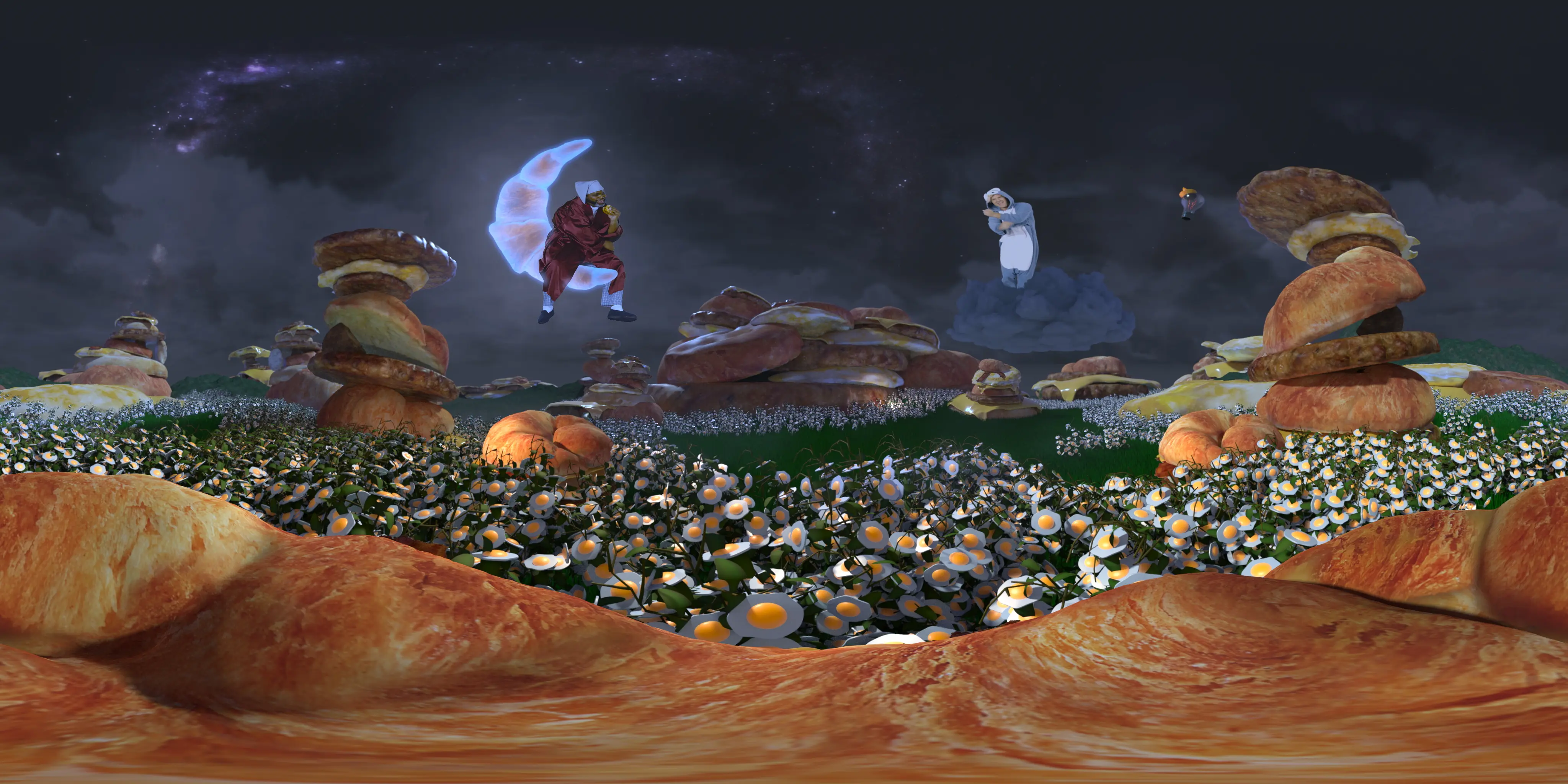 Night foodscape — egg flowers and a croissant moon