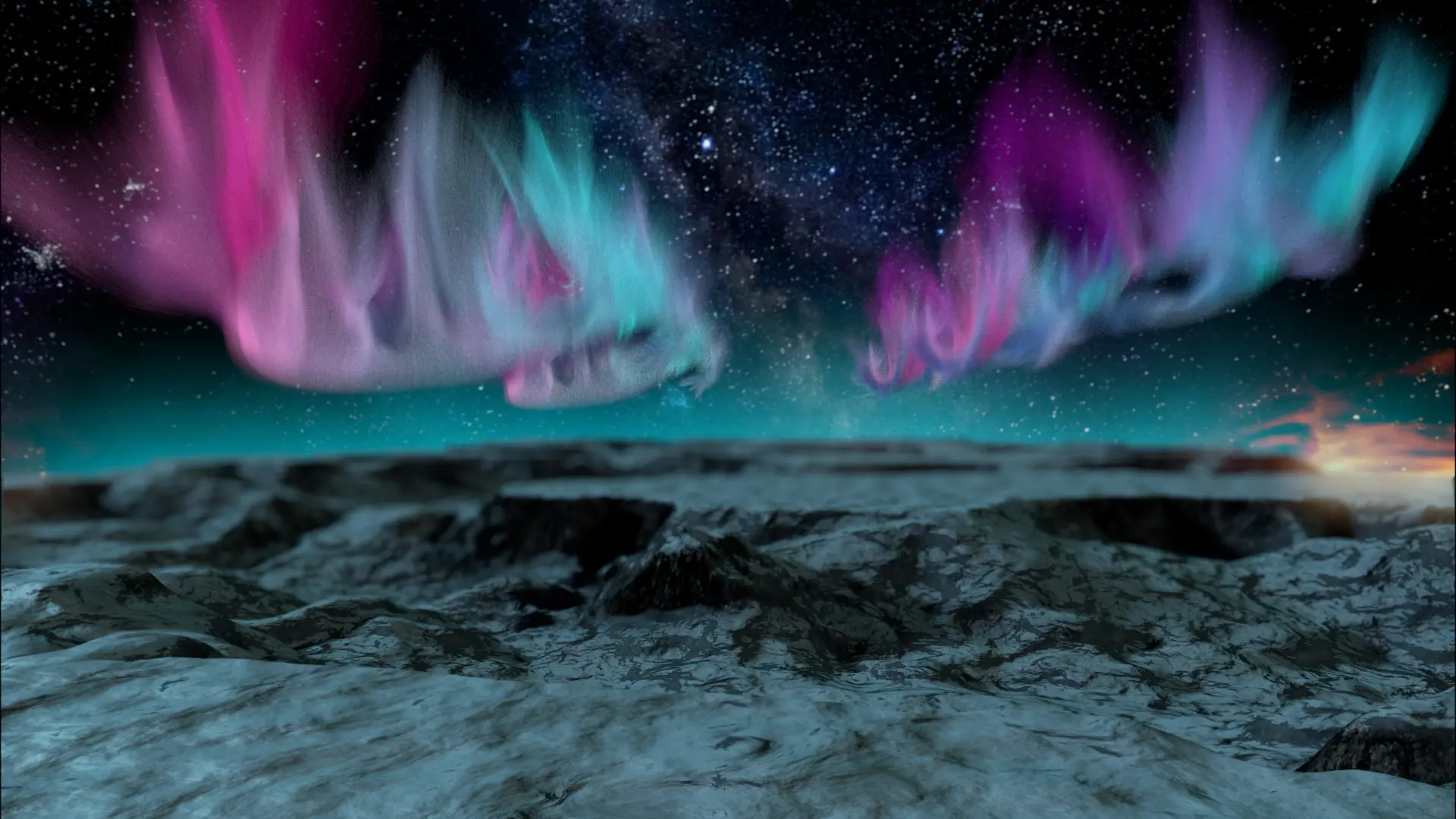 Simulated aurora over a looping terrain for Kaskade's tour visuals