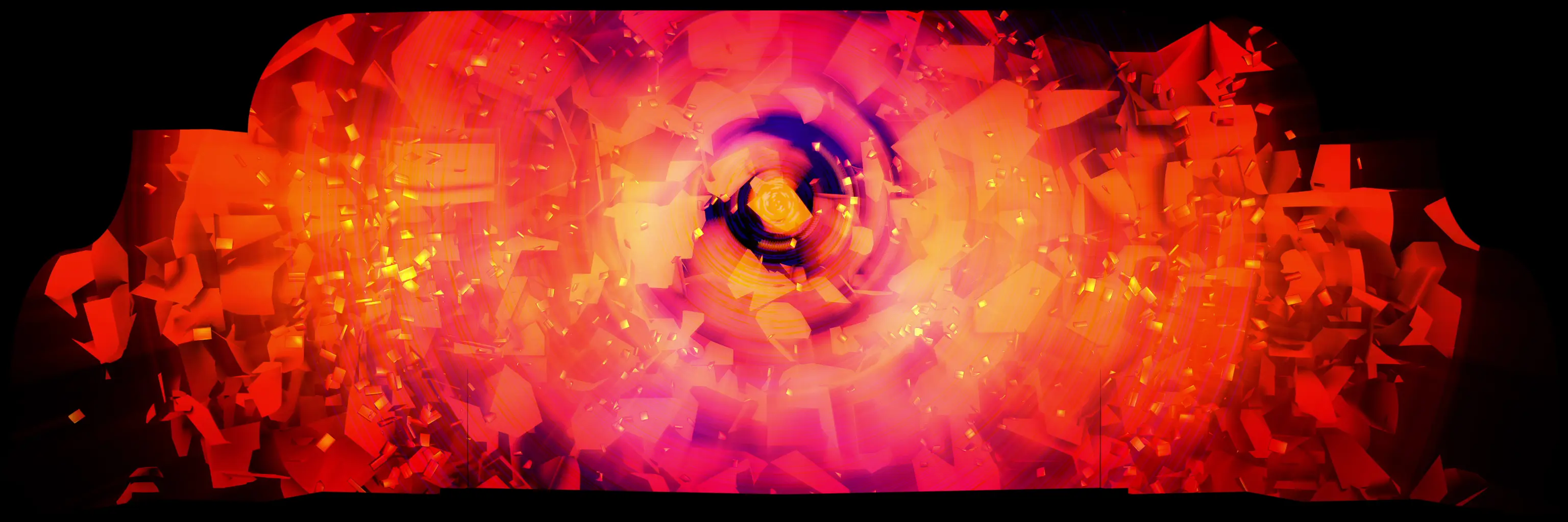 Abstract look — exploding orange fragments spinning around a glowing core