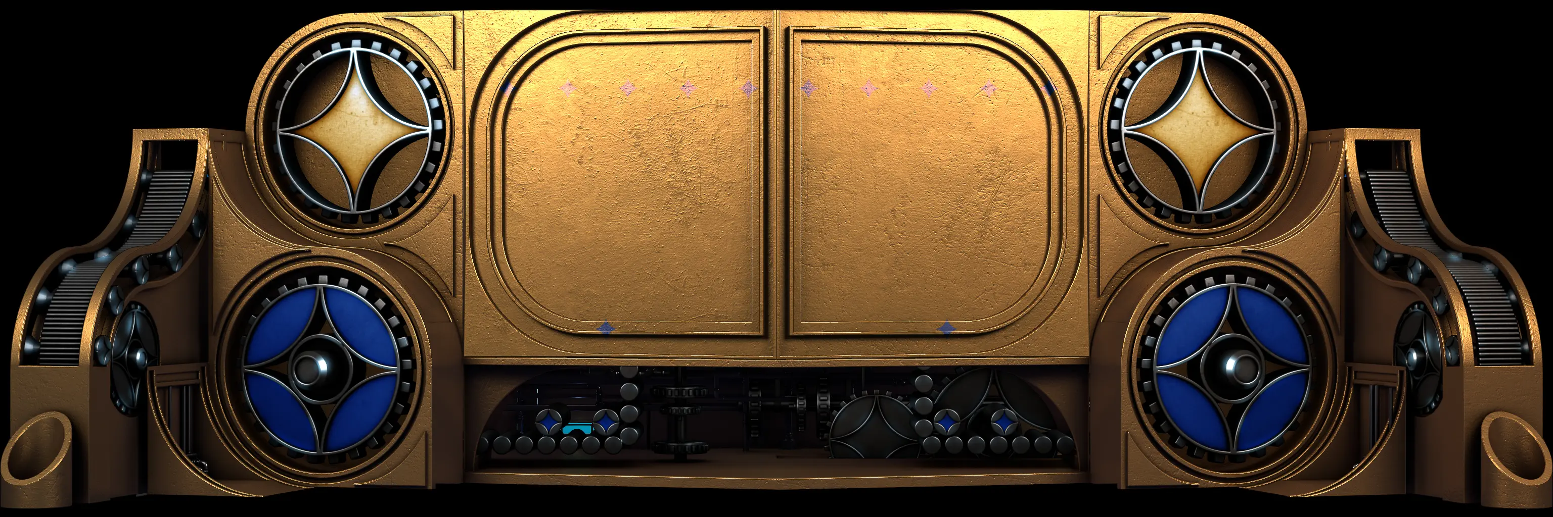 Gold machine state — closed brass panels with diamond-pattern wheels