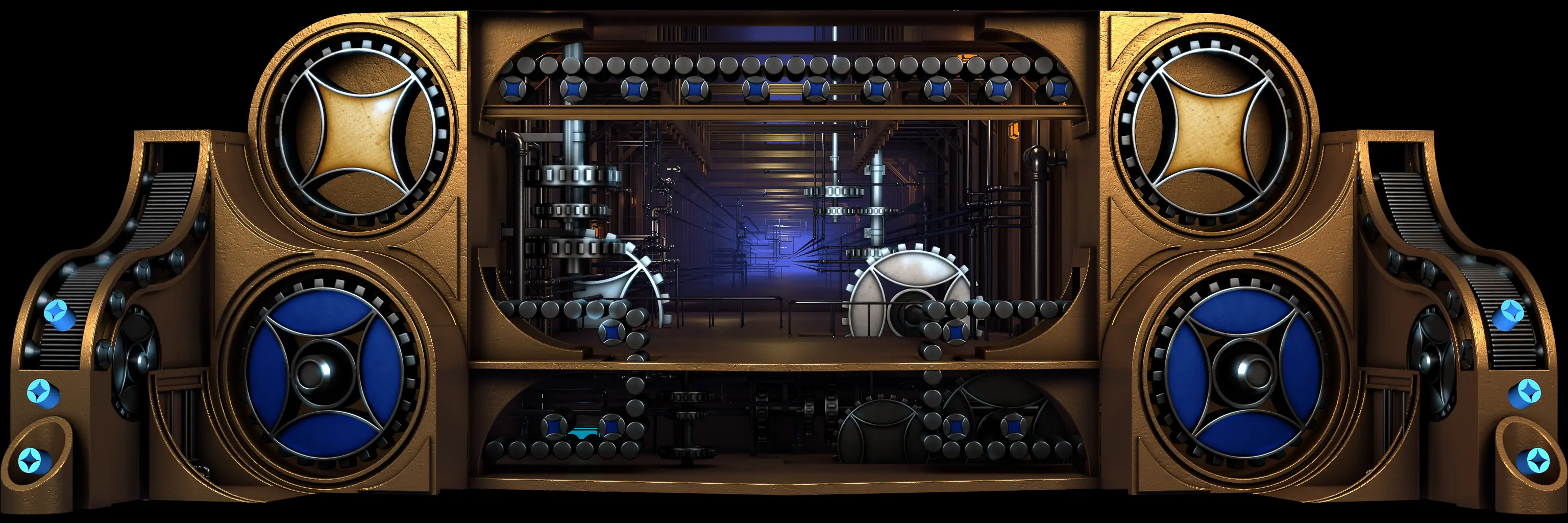 Magento projection mapping content frame — a gold machine opened to reveal an interior of gears and pipes