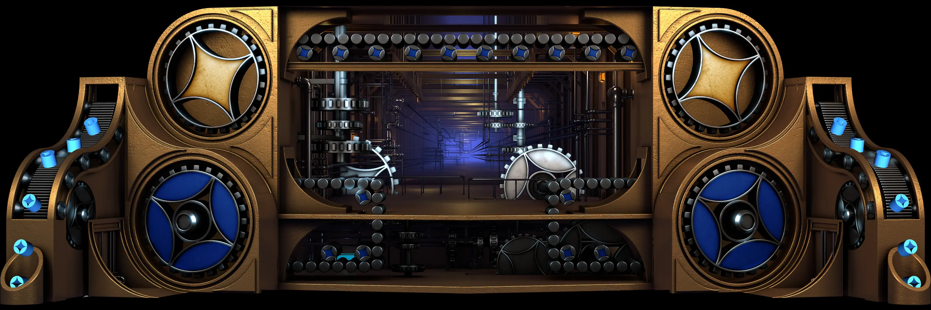 Gold machine opened — interior of gears, chains, and pipes receding into the structure