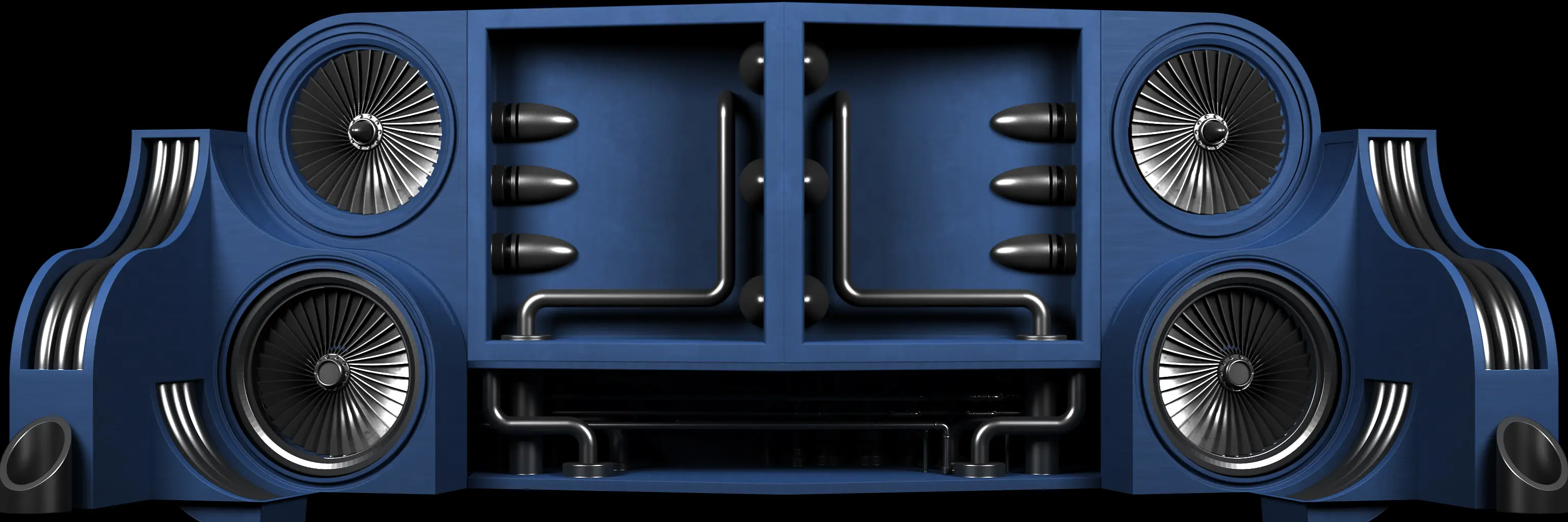 Blue machine state — turbines and chrome pipework in an open blue chassis