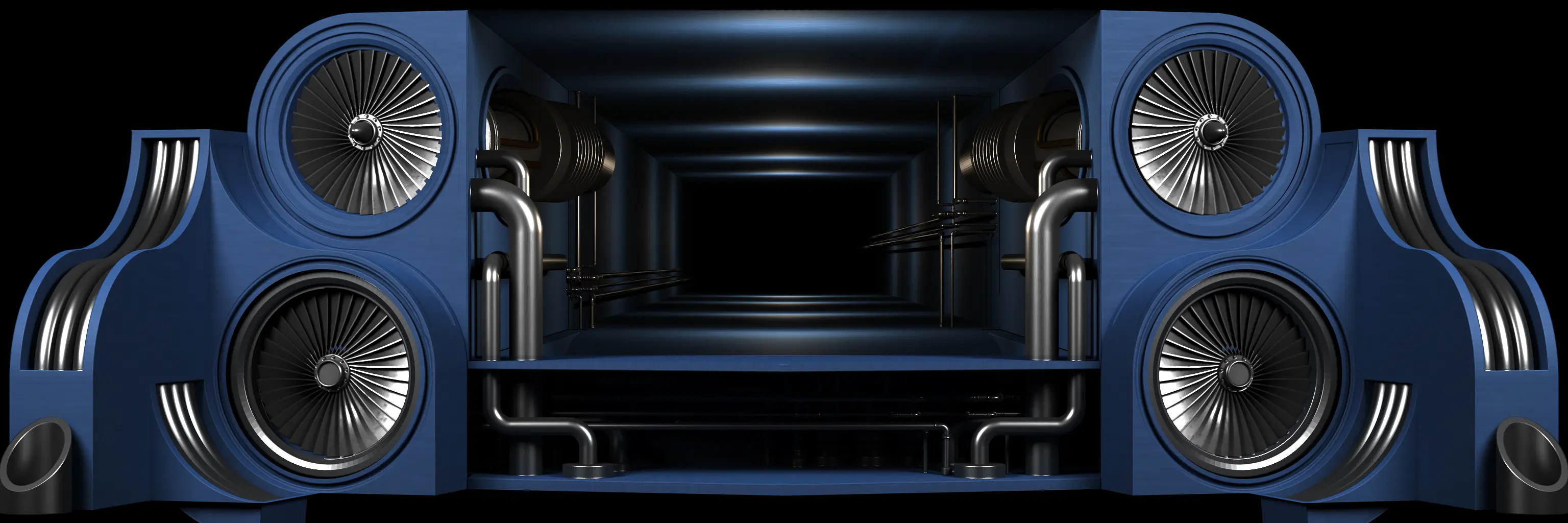 Blue machine state — turbine wheels around a dark reflective tunnel